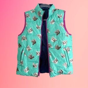 Cat Print Puffer Vest - Teal and Purple